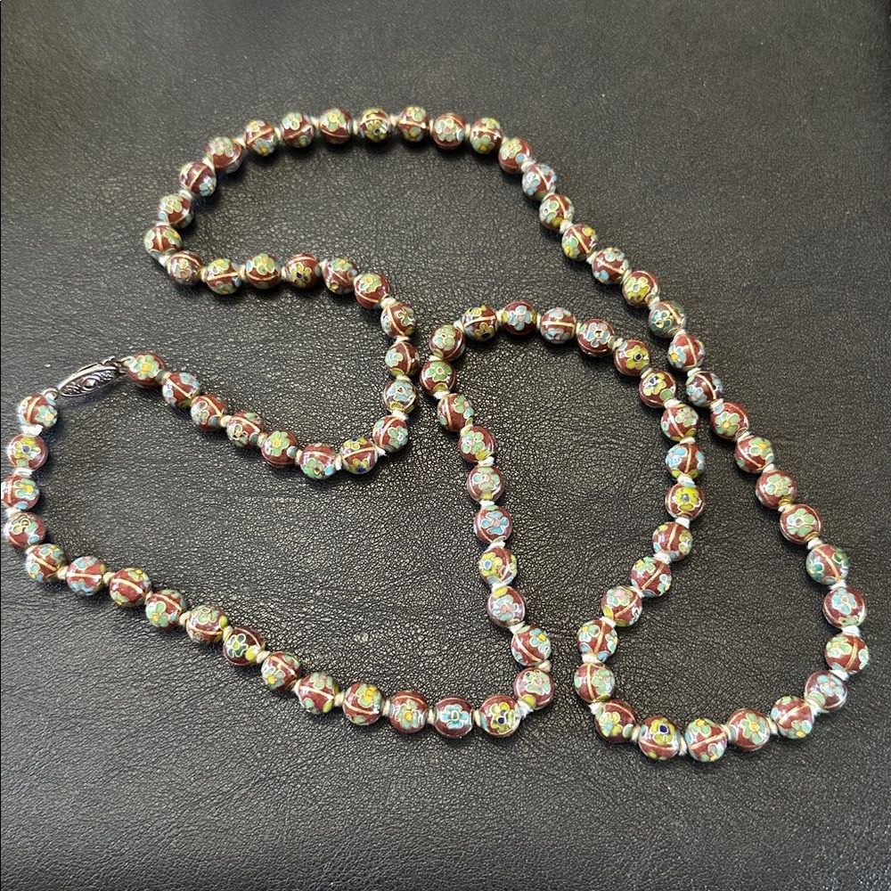 Chinese Cloisonné Box Clasp Hand Knotted 33” Necklace - Picture 2 of 12